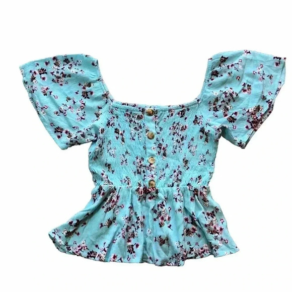 Mi Ami Blue Floral Off Shoulder Short Sleeve Shirt Size XS - Picture 1 of 10